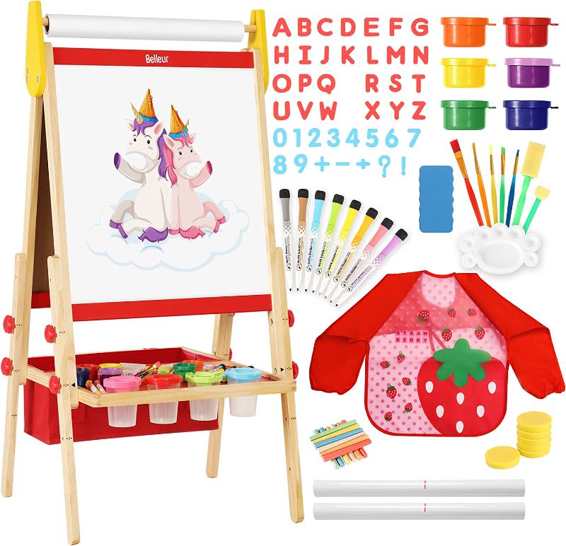 Photo 1 of Belleur All-in-one Kid Easel Including 2 Paper Rolls, Magnetic Letters, 6 Finger Paints, 8 Colors Markers, Deluxe Standing Art Easel with Magnetic Chalkboard & Whiteboard, Easy to Adjust Height - Red
