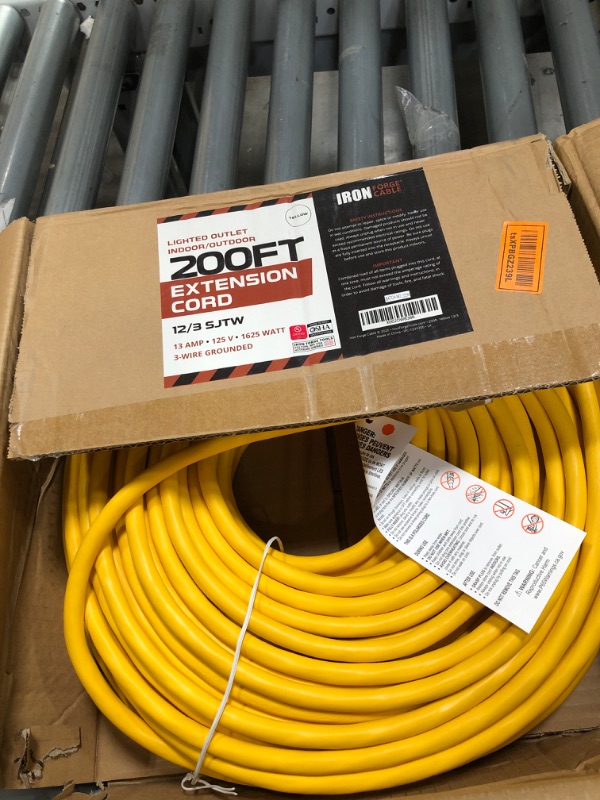 Photo 3 of 200 Foot Lighted Outdoor Extension Cord - 12/3 SJTW Heavy Duty Yellow Extension Cable with 3 Prong Grounded Plug for Safety - Great for Garden and Major Appliances
