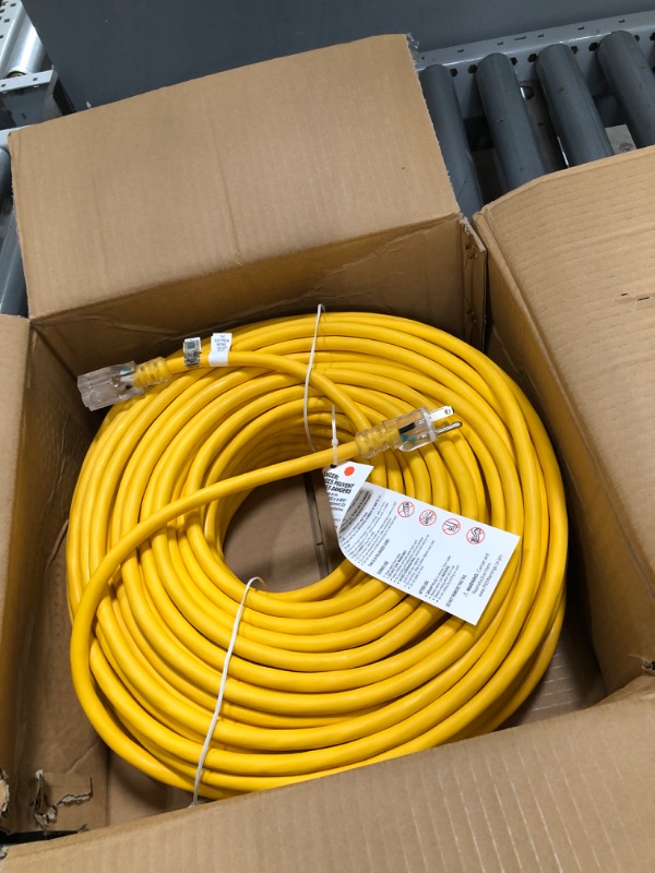 Photo 2 of 200 Foot Lighted Outdoor Extension Cord - 12/3 SJTW Heavy Duty Yellow Extension Cable with 3 Prong Grounded Plug for Safety - Great for Garden and Major Appliances
