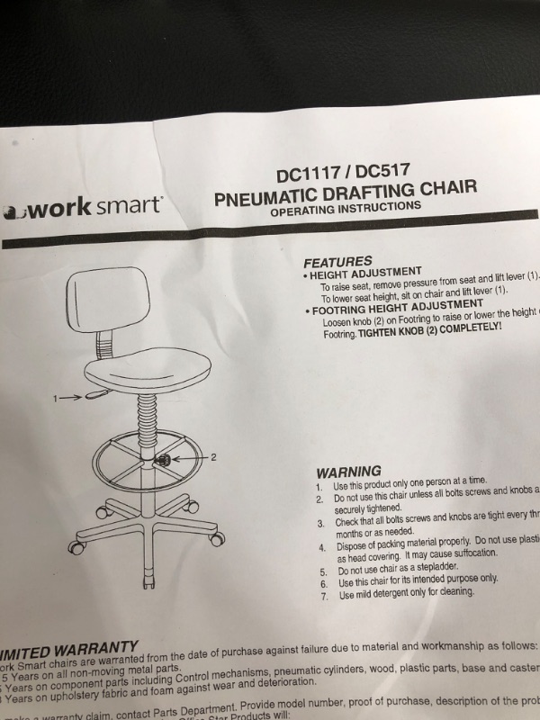 Photo 2 of Worksmart - DC Series Vinyl & Molded Foam Drafting Chair - Black