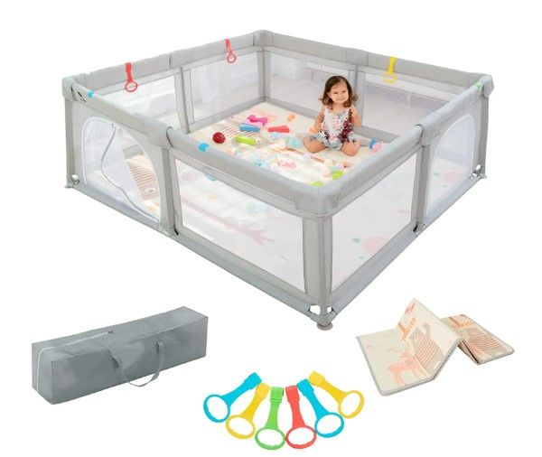 Photo 1 of CELETOY Baby Playpen with Mat , Kids Extra Large Playpen with Handlers & Crawling Mat, Playyard for Babies and Toddlers with Gate,71x63in