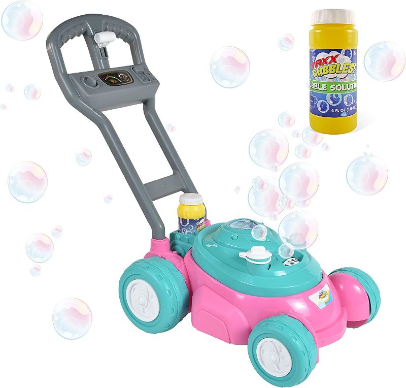 Photo 1 of Sunny Days Entertainment Bubble-N-Go Toy Lawn Mower with Refill Solution | Pink Bubble Blowing Toy - Maxx Bubbles
