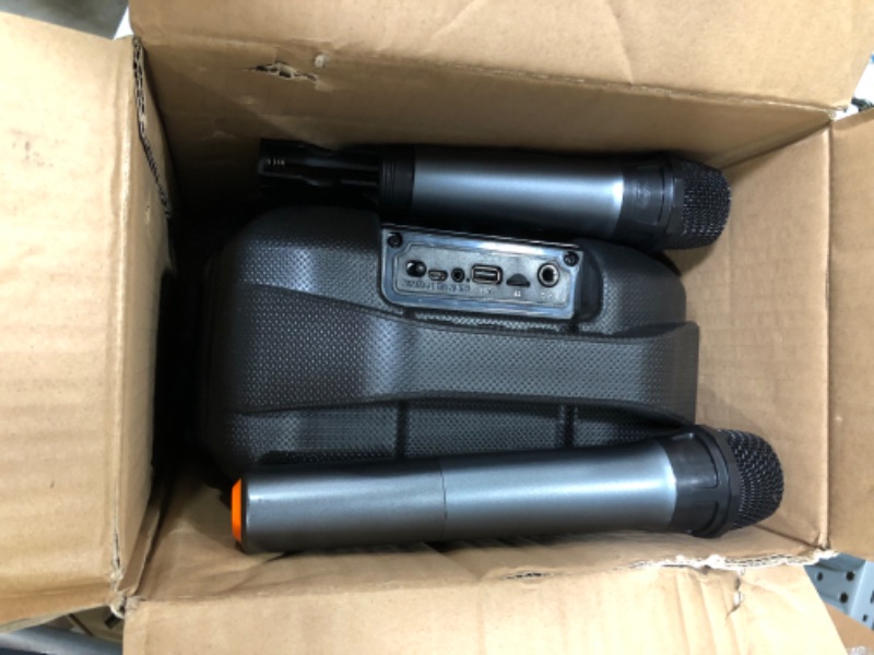 Photo 3 of EARISE T26 Pro Karaoke Machine with 2 Wireless Microphones, Portable PA System Bluetooth PA Loudspeaker with LED Lights, Audio Recording, FM Radio, Remote Control, Supports TF Card/USB/AUX
 *** missing cords and microphone bottom cover and remote***