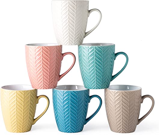 Photo 1 of AmorArc 18oz Large Coffee Mugs Set of 6, Ceramic Coffee Mugs with Textured Pine Needle Patterns for Kitchen, Colorful Coffee Cups for Coffee,Cappuccino,Cocoa, Dishwasher&Microwave Safe, Multi-color
