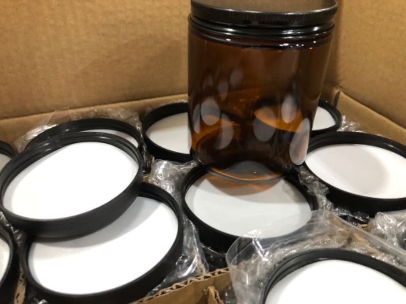 Photo 2 of 12 Pack, 8 OZ Thick Amber Round Glass Jars with 12 Metal Lids & 12 Plastic Lids - Empty Candle Jar, Food Storage Containers, Canning Jar For Spice, Powder, Liquid, Sample - Leakproof & Dishwasher Safe
