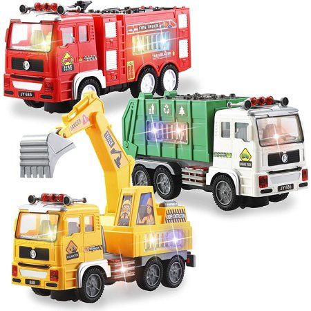 Photo 1 of JOYIN 3-in-1 Toy Trucks Set Including Fire Truck Garbage Truck and Excavator with 4D Stunning Lights and Sounds Automatic Bump & Go Toy Vehicles for
