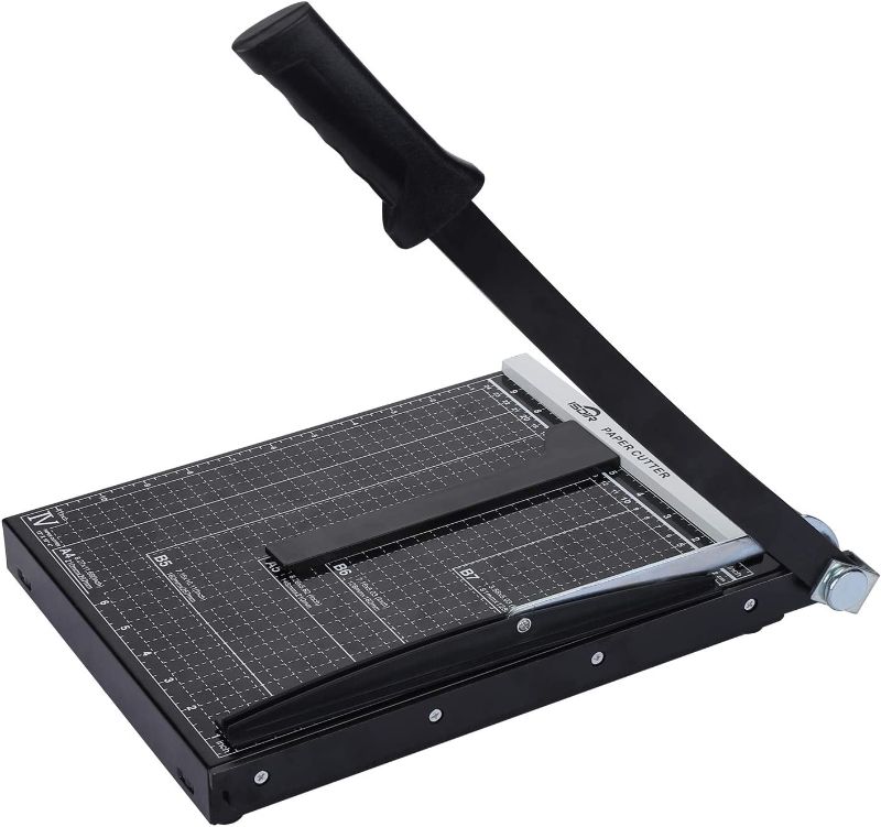 Photo 1 of ISDIR Paper Cutter Guillotine, 12 Inch Paper Cutting Board, 12 Sheets Capacity, Heavy Duty Metal Base, Dual Paper Guide Bars, Professional Paper Cutter and Trimmer for Home, Office (12'' Black)
