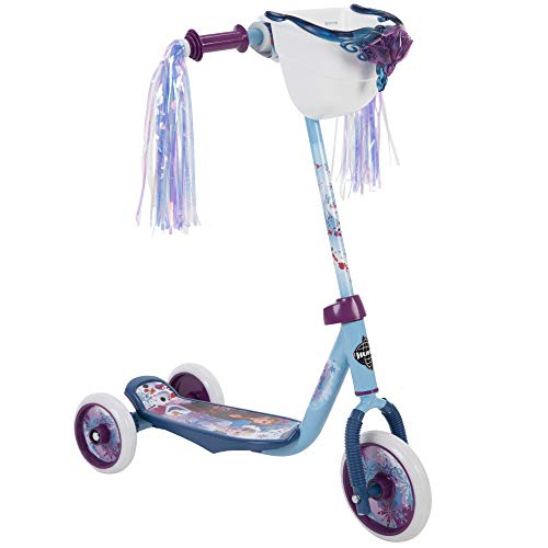 Photo 1 of (SCRATCHED) Huffy 78919 Frozen 2 Girl Scooter for Kids, Elsa & Anna Graphics, Handlebar Bin, Preschool Three Wheels & Streamers, Blue/White
