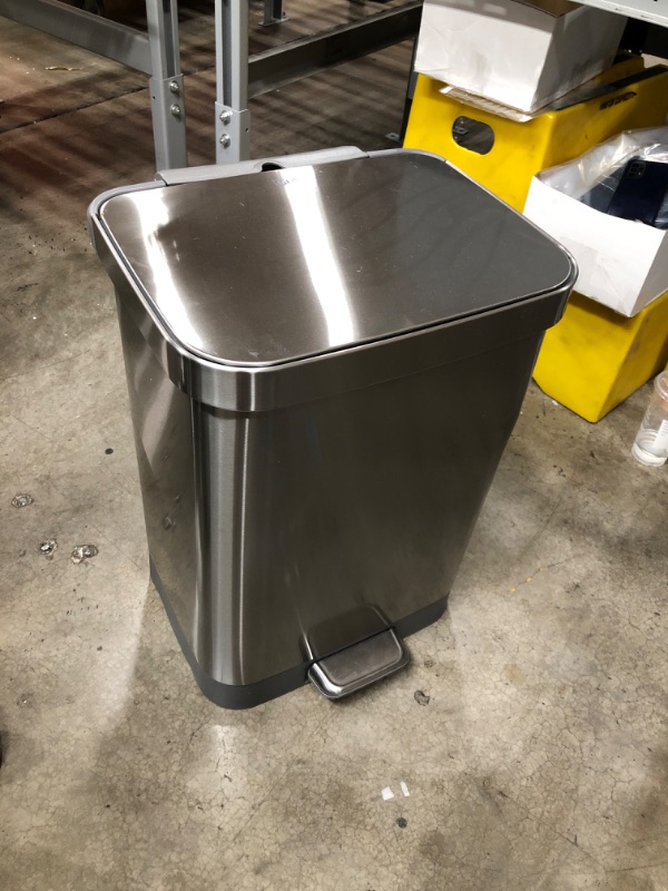 Photo 2 of (DENTED SIDE) Glad Stainless Steel Step Trash Can with Clorox Odor Protection | Large Metal Kitchen Garbage Bin with Soft Close Lid, Foot Pedal and Waste Bag Roll Holder, 13 Gallon, All Stainless
