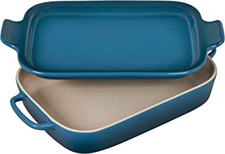 Photo 1 of (BROKEN-OFF HANDLE) Le Creuset Heritage Casserole Stoneware Rectangular Dish with Platter Lid, 14 3/4 inch x 9 inch x 2 1/2 inch, Deep Teal, 2.75 qt