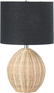 Photo 1 of (DAMAGED SHADE; MISSING MANUAL) Main + Mesa Woven Rattan Table Lamp with Drum Shade Boho Natural Brown Finish with Black Linen Shade, 20", Natural