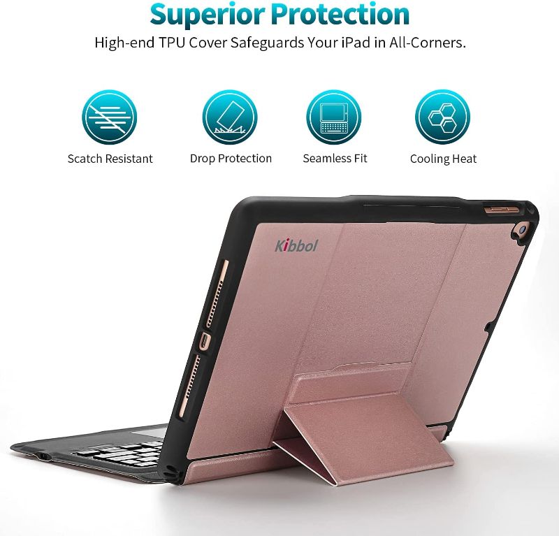 Photo 1 of Kibbol Detachable Keyboard Case for iPad 9.7", Bluetooth 5, 1-Step Pairing, 60-Hour Typetime, 7-Color Backlit, Precisive Touchpad, Lightweight Keyboard Folio for iPad (6 & 5th Gen), Air 2 (Rose Gold)
