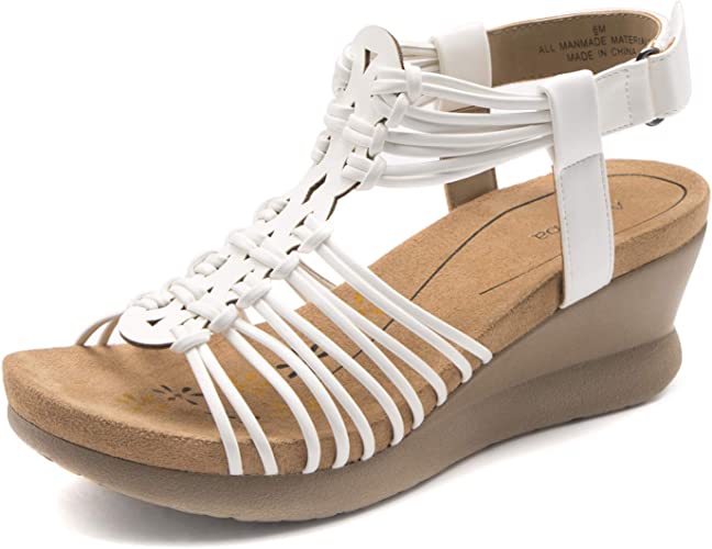 Photo 1 of Alaruba Women's Adjustable Hook and Loop Woven Straps Wedge Sandal Faux Leather Laser cut and Delicate Upper size 8 1/2
