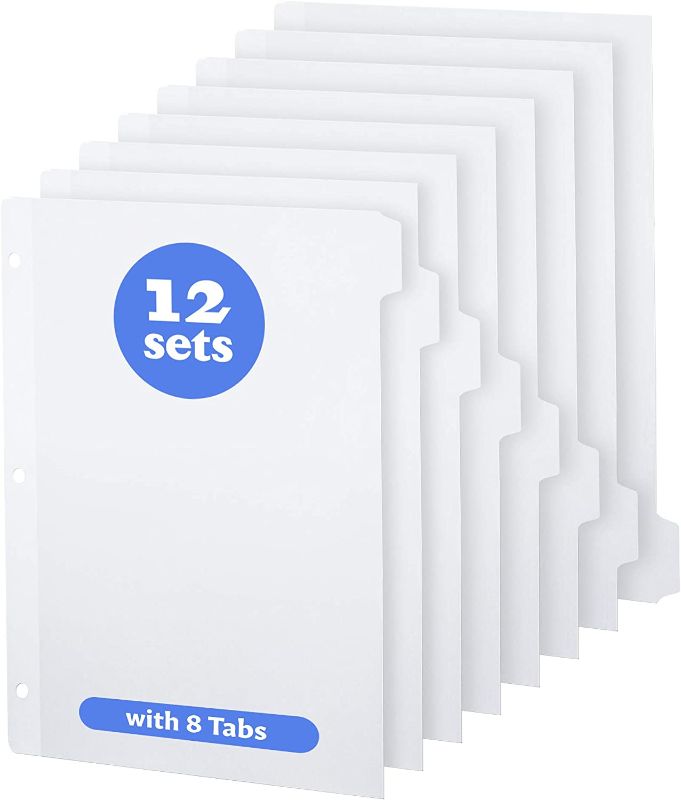 Photo 1 of 3 Ring Binder Dividers with Tabs - (12 Sets) x 8 Tab Dividers for 3 Ring Binders - White - Tabs for Binders - Bulk - 3 Hole Dividers with Tabs for Notebook & Folders - Page Dividers // Paper Plan
