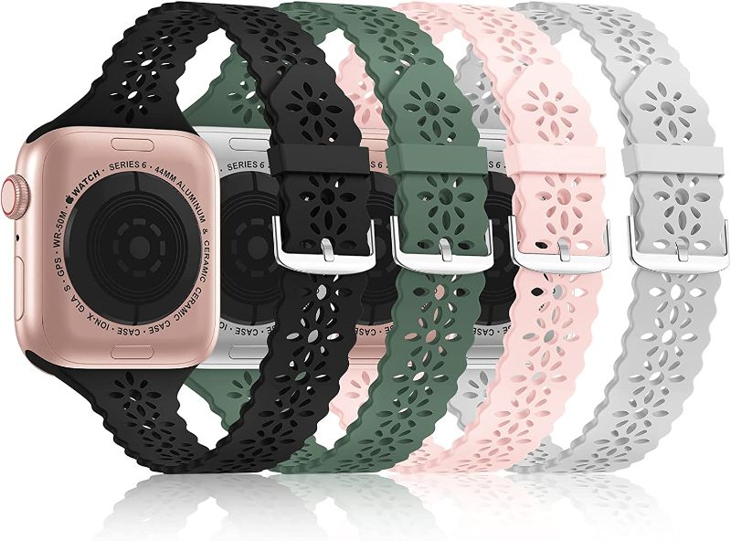 Photo 1 of [Bandiction 4 Pack] Lace Silicone Bands Compatible with Apple Watch Band 38mm 40mm 42mm 44mm,Women Slim Thin Hollow-out iWatch Sport Wristband with Classic Clasp for iWatch Series SE 7 6 5 4 3 2 1
