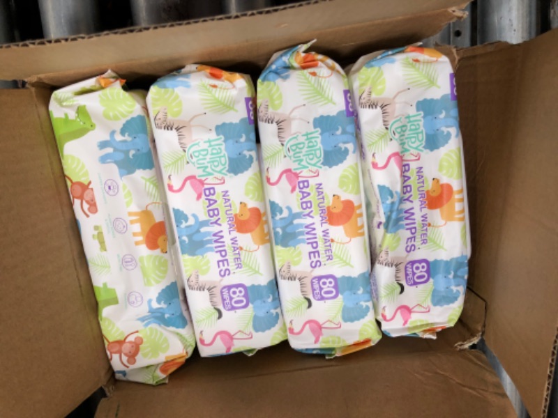 Photo 1 of Baby Wipes - HAPPY BUM Sensitive Water Baby Diaper Wipes, Hypoallergenic, Unscented, 4 Flip-top packs (320 Wipes Total)