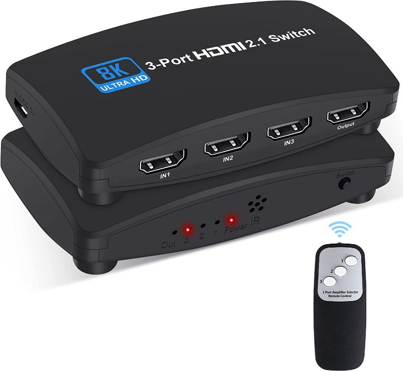 Photo 1 of 8K@60Hz HDMI 2.1 Switch, HDMI Switch 3 in 1 Out, 3-Port HDMI Switcher Selector, Supports 4K@120Hz, 1080P@240Hz, 1080P@120Hz for Fire Stick, HDTV, PS4/5, Game Consoles with Remote Control