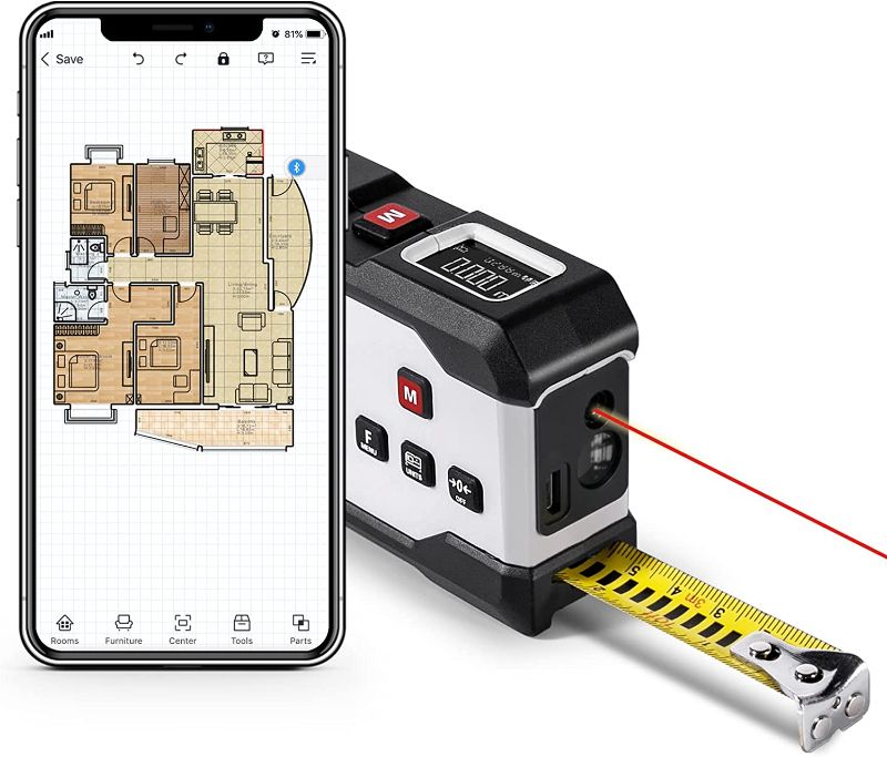 Photo 1 of **see notes**
Laser Tape Measure, 2D Floor Plan + 3D Rendering, 2 in 1 Bluetooth Laser Measure 6 Unit Switching, USB-Charge, Measure Distance, Area, Volume, Pythagoras, a Must Have for Contractors (195ft)
