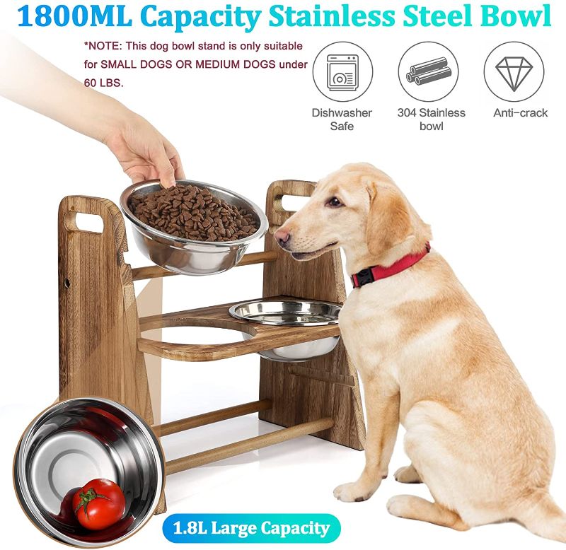 Photo 1 of Emfogo Elevated Dog Bowls for Large Dogs, Solid Wood Dog Bowl Stand for Medium Dogs, Adjustable Elevated 3 Heights 5in 9in 13in Raised Dog Bowl Feeder (Carbonized Brown)