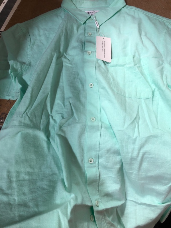 Photo 2 of ***Size: XL*** Men's Green Linen Relaxed Slim Fit Short Sleeve Shirt With Semi Cutaway Collar