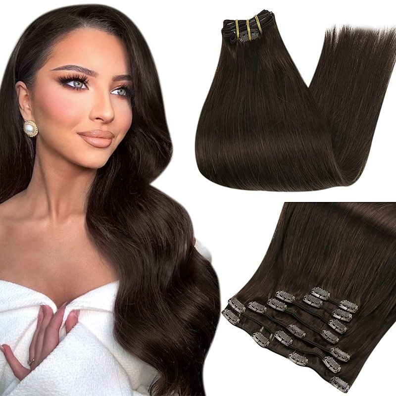 Photo 1 of Full Shine Hair Extensions Clip in Human Hair 20 Inch Clip in Extensions Remy Hair Dark Brown Clip in Hair Extensions Natural Hair Double Weft Clip Ins 3 Pieces 50 Gram Color 2