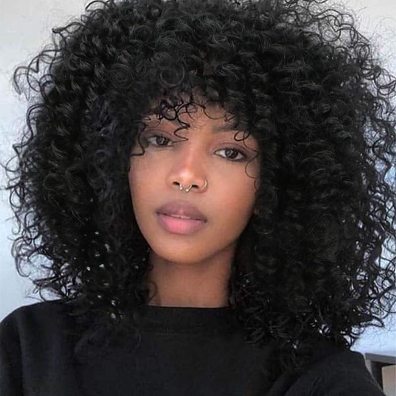 Photo 1 of Lativ Curly Afro Wig with Bangs Short Wigs Curly Black Wig Afro Kinkys Wig Shoulder Length Synthetic Hair Heat Resistant African Wigs Curly Full Wigs for Black Women for Daily Use with Wig Cap(Black)