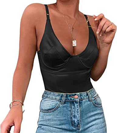 Photo 1 of ***Size Large*** Velius Women's Sexy Deep V Neck Shiny Thong Bodysuit Tank Tops with Underwire