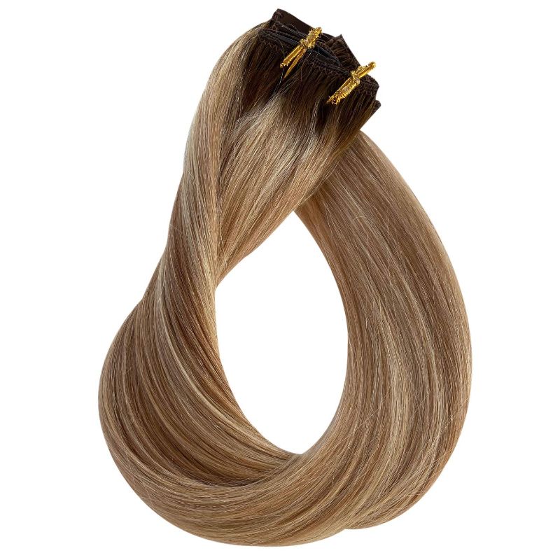 Photo 1 of Remy Clip in Hair Extensions Chocolate Brown to Golden Brown with Blonde Highlights Clip in Real Human Hair Extensions 7 Pieces 70G Double Weft Straight Clip on Hair Extensions for Women 22 Inch