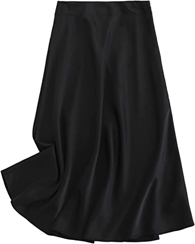 Photo 1 of ***Size: Small, Color: Black*** Women Solid Quality Satin Midi Skirt Vintage Side Zipper Ladies Elegant A-Line Skirts