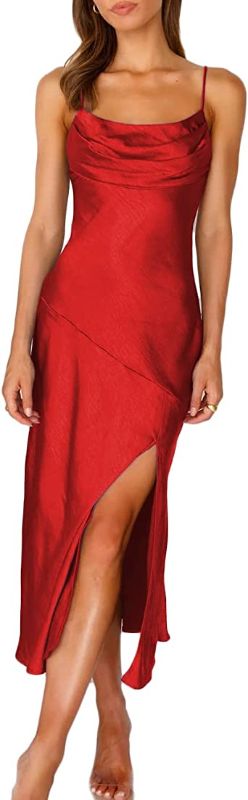 Photo 1 of ***Size: XS, Red*** Satin Silk Slip Maxi Dress for Wedding Guest Women- Cowl Neck Pleated Bust Split Wedding Guest Cocktail Midi Dresses