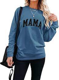 Photo 1 of ***Size: Small, Color: Blue*** Women's Casual Crewneck Sweatshirt Long Sleeve Loose Pullover Tops Mama Letter Print Graphic Shirts 