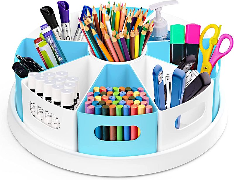 Photo 1 of MeCids 360°Rotating Desk Organizers Homeschool Office Organization and Storage Art Supplies Organizers– 12" Lazy Susan Style Caddy with Removable Bins, for Home Offices, School Supplies Classroom Use