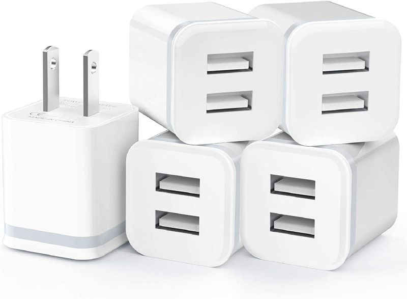 Photo 1 of LUOATIP USB Wall Charger, 5-Pack 2.1A/5V Dual Port USB Cube Power Adapter Charger Plug Charging Block Replacement for iPhone Xs/XR/X, 8/7/6 Plus, Samsung, HTC, LG, Moto, Android Phones