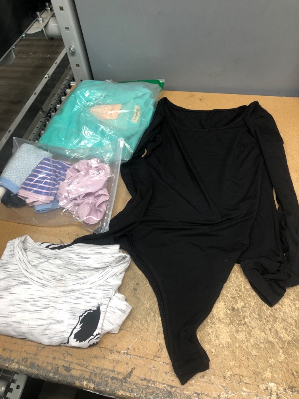 Photo 1 of Bundle of Women Clothing Sizes Small/Medium ***4 Count***, 6 pack of underwear, blacl long sleeve, one white shirt, Size: M mint green shirt