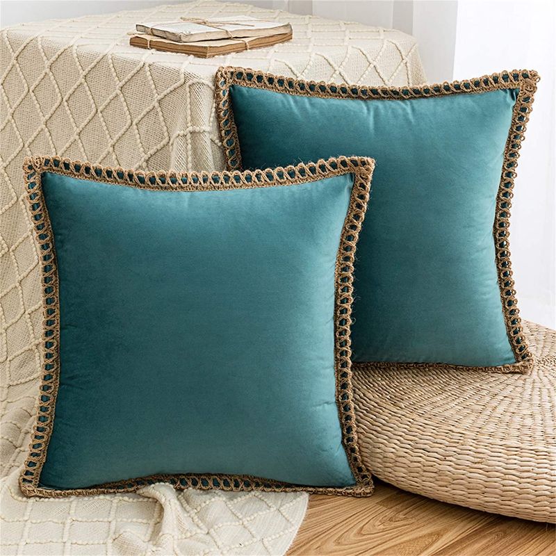 Photo 1 of AQOTHES Pack of 2 Velvet Decorative Farmhouse Burlap Trimmed Tailored Edges Decor Pillow Cover Cushion Throw Pillows for Couch Sofa, 18 x 18 Inch, Teal