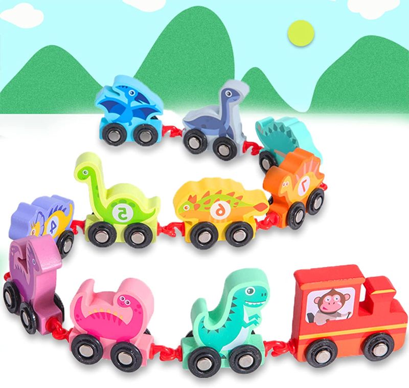 Photo 1 of Cussom 11 Pieces Wooden Train Set Dinosaur Car Toy with Numbers for 2+ Year Old, Montessori Educational Locomotive, Count & Color Toys for Toddlers Boys and Girls, Gift for Kids 2 3 4 Ag