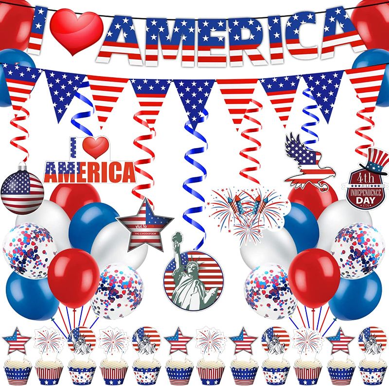 Photo 1 of 4th of July Decorations, 42pcs Patriotic Decorations Set, Memorial Day Decorations, Blue Red White Balloons, USA Flag Pennant Bunting, for Memorial Day, Labor Day, Presidents Day, Flag Day
