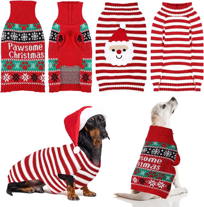 Photo 1 of 2 Pieces Pet Turtleneck Sweater Cats Dogs Christmas Footprints Snowflake Sweater Dog Red and White Santa Claus Knitwear Puppy Warm Xmas Pullover Clothes for Pets Holiday Winter Clothes (L) 3 sets 
