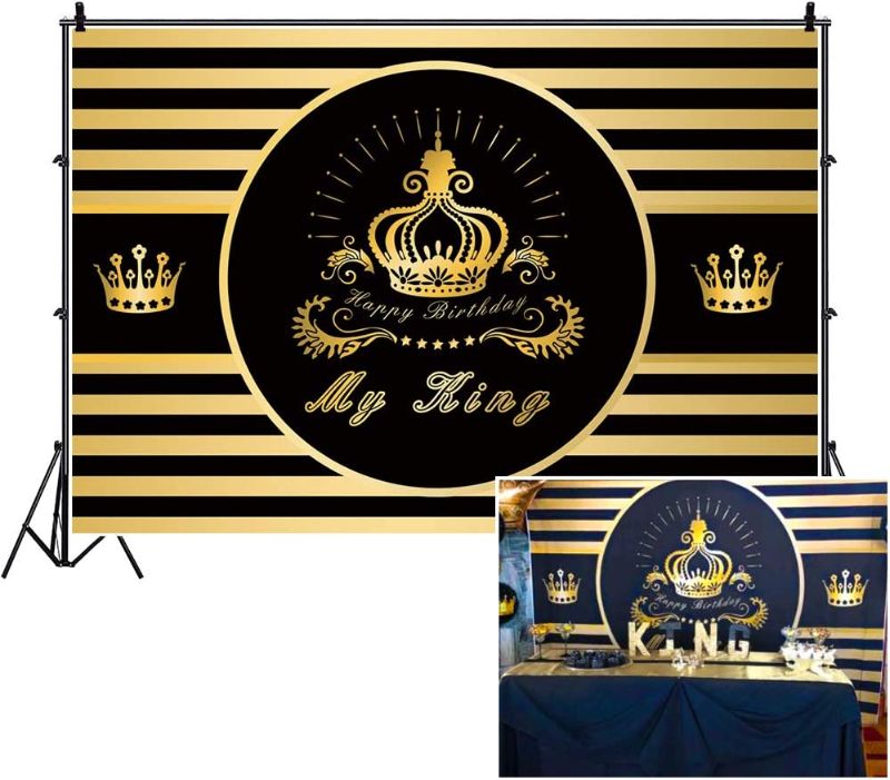 Photo 1 of **Set of 2** CSFOTO 7x5ft King Backdrop for Party for Men Crown My King Backdrop Black and Gold Backdrop VIP Birthday Party Background 40Th Male Birthday Backdrop Adults Men Bday Photo Backdrop
