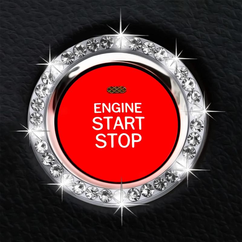 Photo 1 of **SET OF 2** Bling Car Crystal Ring Emblem Sticker, Push to Start Button Cover, Engine Starter Ignition Decor for Key & Knob, Cute Bling Rhinestone Diamond Car Interior Accessories for Women (2PCS)
