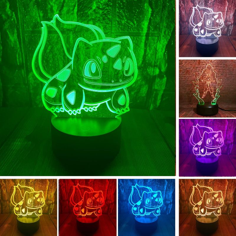 Photo 1 of **SET OF 2** Anime Character 3D Bulbasaur LED Optical Illusion Bedroom Decoration Table Lamp with Remote 7 Colors Change Dimmable Acrylic Visual Night Light Birthday Christmas Gift for Child,kids,Teens,Toddlers
