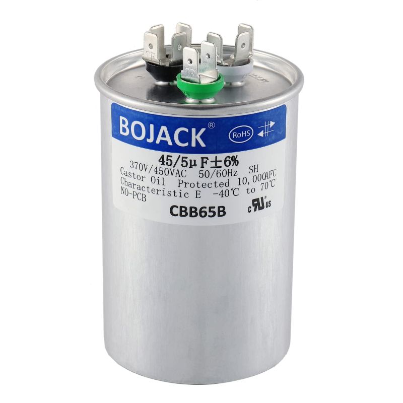 Photo 1 of BOJACK 45+5 uF 45/5 MFD ±6% 370V/440VAC CBB65 Dual Run Circular Start Capacitor for AC Motor Run or Fan Start or Condenser Straight