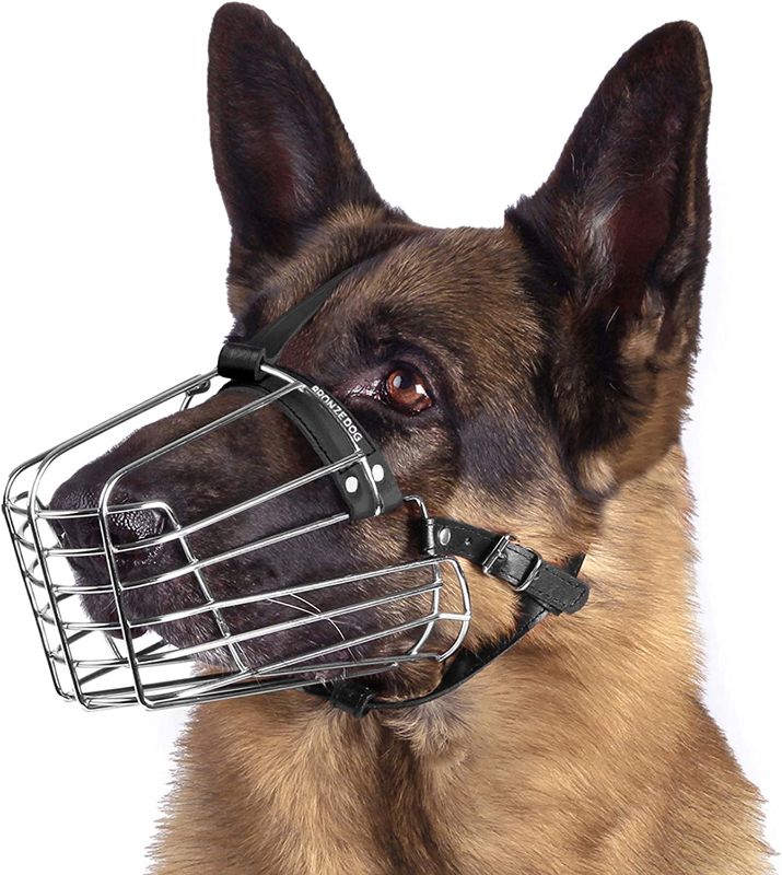 Photo 1 of BronzeDog Dog Muzzle German Shepherd Wire Basket Metal Mask Leather Adjustable Medium Large Pets (M)