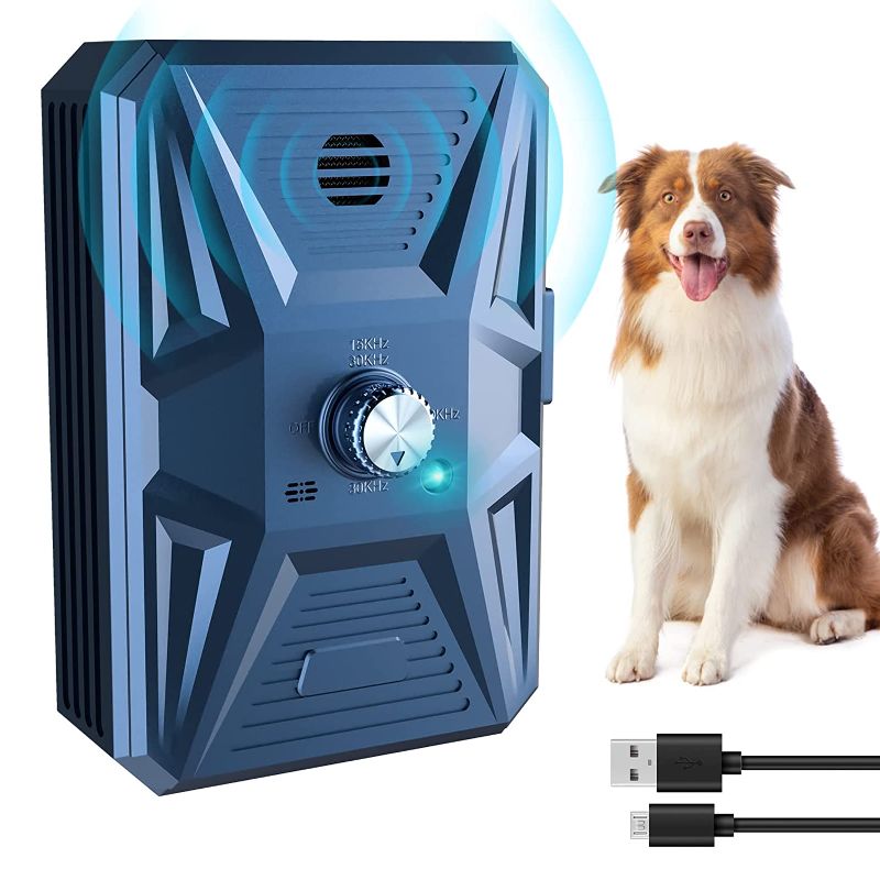 Photo 1 of Anti Barking Device, Ultrasonic Dog Barking Control Devices 33 Ft Range with 3 Levels, Rechargeable Upgraded Dog Barking Deterrent, No Bark Dog Training Stop Barking Safe for Dogs, Outdoor/Indoor Blue