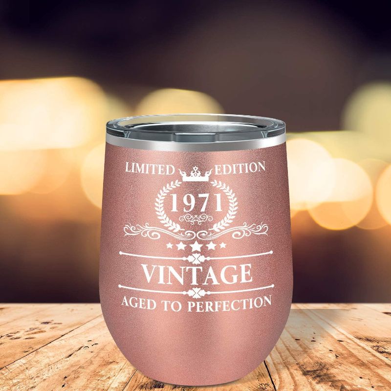 Photo 1 of 1971 Limited Edition 50th Birthday Gift For Women Aged to Perfection on Rose Gold 12 oz Insulated Wine Tumbler
