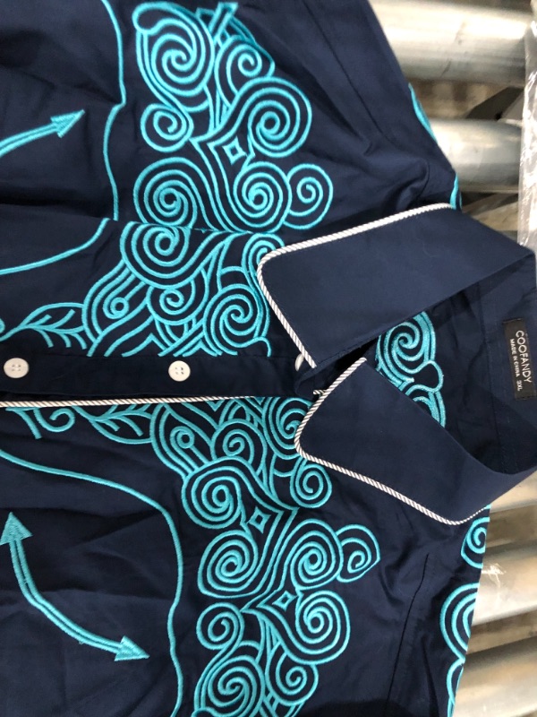 Photo 1 of COOFANDY DRESS UP BOTTON SHIRT - NAVY BLUE WITH TEAL  DESIGN 
