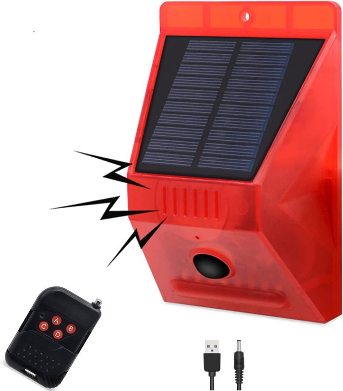 Photo 1 of HULPPRE Solar Strobe Light with Motion Detector Solar Alarm Light with Remote Controller 129db Sound Security Siren Light IP65 Waterproof 24 Hours+Night Mode for Home, Farm,Barn,Villa,Yard
