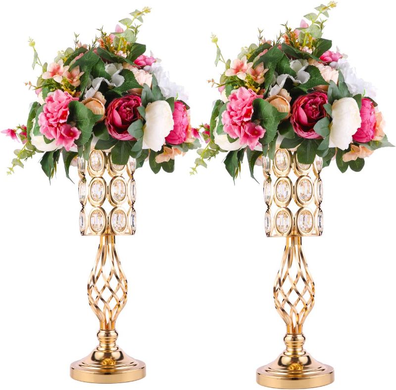 Photo 1 of 2pcs Metal Wedding Flower Trumpet Vase with Crystal Bead, Table Decorative Centerpiece Height Artificial Flower Arrangements for Wedding Party Birthday Event Aisle Home Decoration (Gold-Diamond, 2XS)
