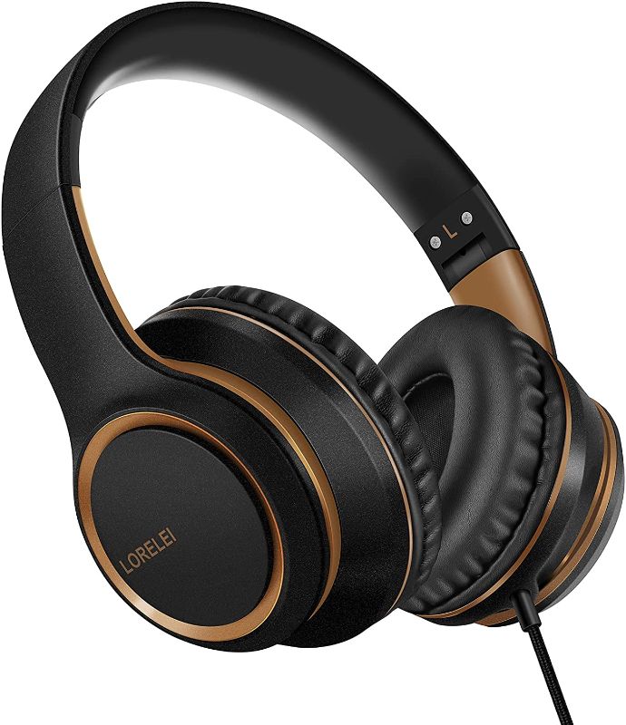 Photo 1 of LORELEI X8 Over-Ear Wired Headphones with Microphone with 1.45m-Tangle-Free Nylon Line&3.5mm Plug,Lightweight Foldable & Portable Headphones for Smartphone,Tablet,Computer,Mp3/4(Black-Gold)
