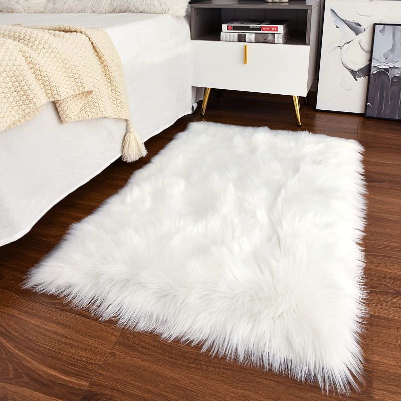 Photo 2 of Ashle Home DecorvFaux Sheepskin Rug, 34x60in Fluffy Faux Fur Area Rugs for Bedroom Living Room, Kids Plush Fur Carpets for Boys Girls Nursery Home Decor, White